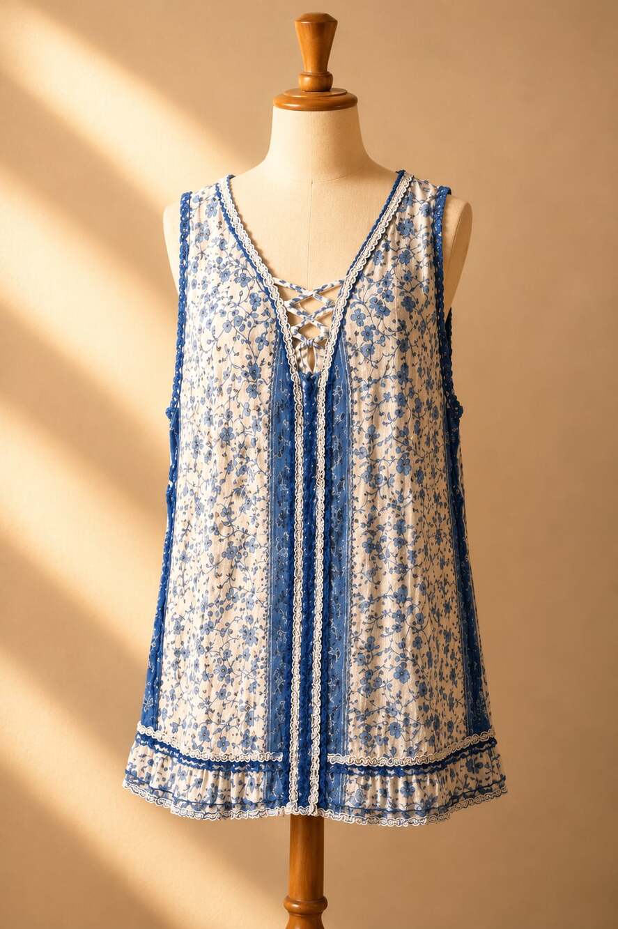 Poupette St Barth Boho Cotton Gauze Tunic Beach Coverup Blue Floral M